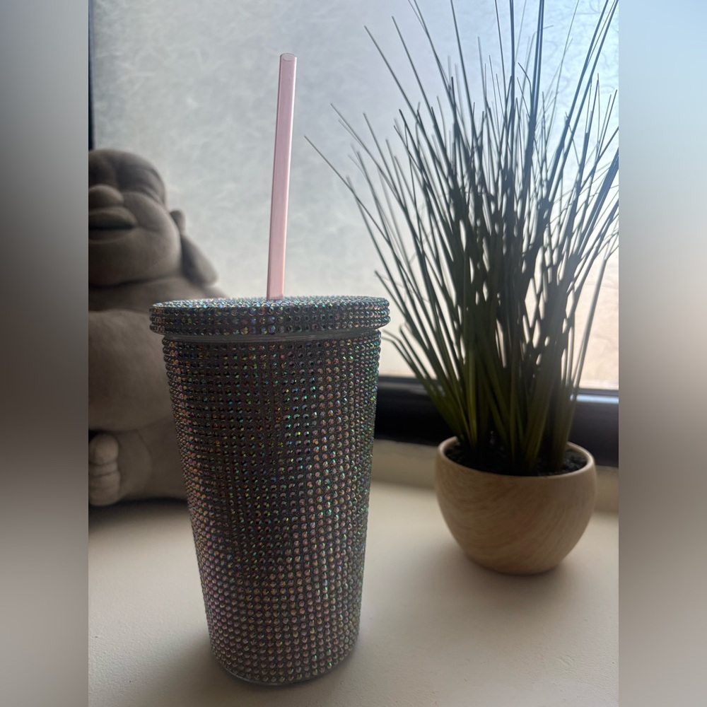 Dazzling Rhinestone Tumbler with Pink Straw